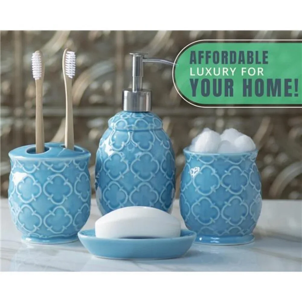Blue Ceramic Bathroom Accessory Set 4 Piece Soap Dish Toothbrush Holder Tumbler